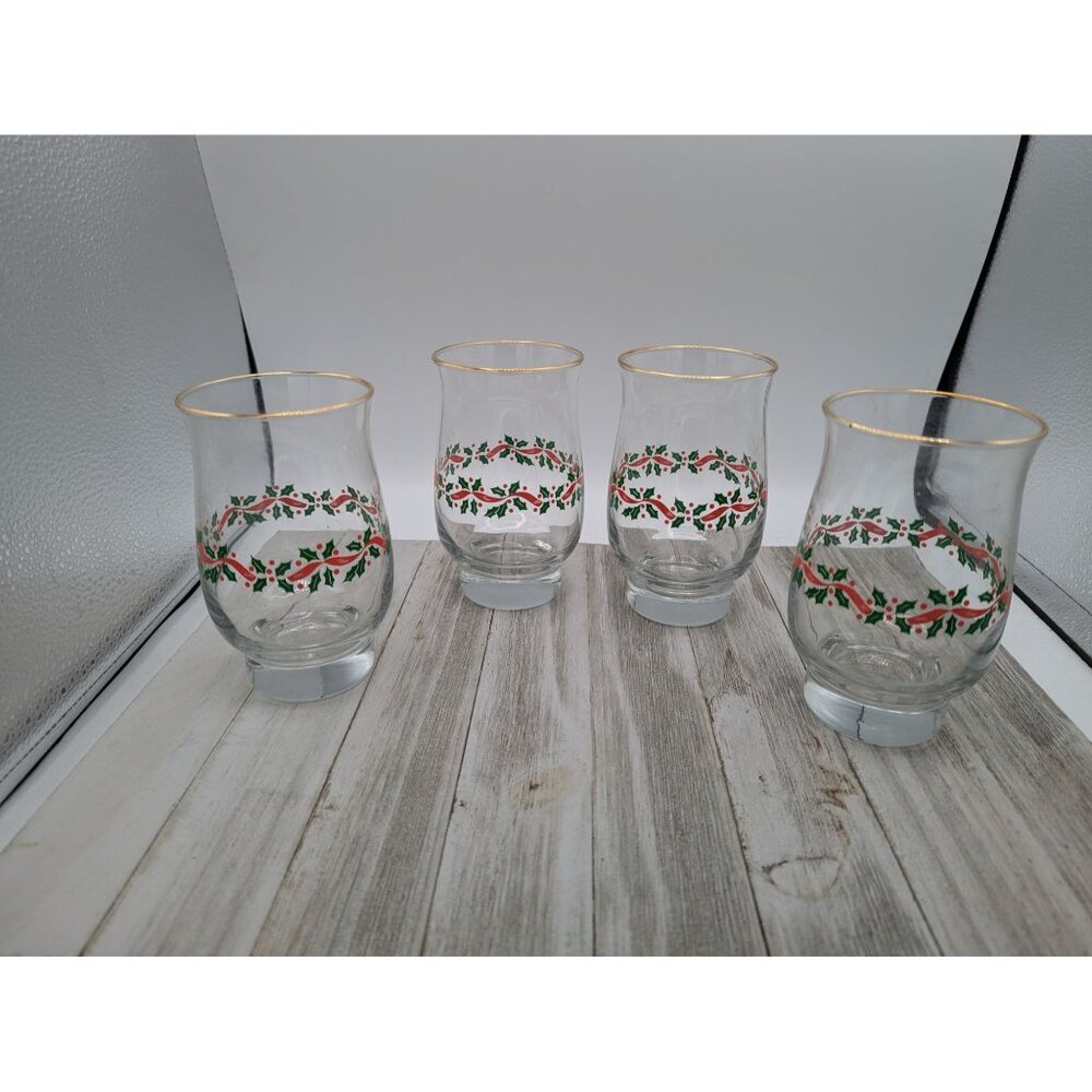Vintage Gold Holiday Christmas Libbey Drinking Tumblers Glass Holly Berry Set 4